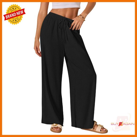 Pants - Cotton Linen Palazzo Pants Wide Leg Elastic Waist Drawstring Casual Lounge